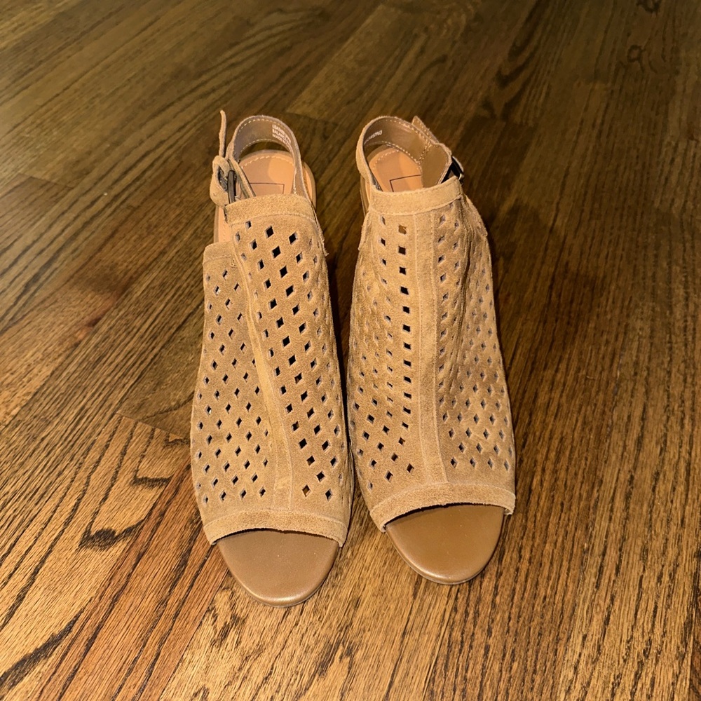 14th & Union Tan Suede Laser-Cut Peep-Toe Slingback Mules